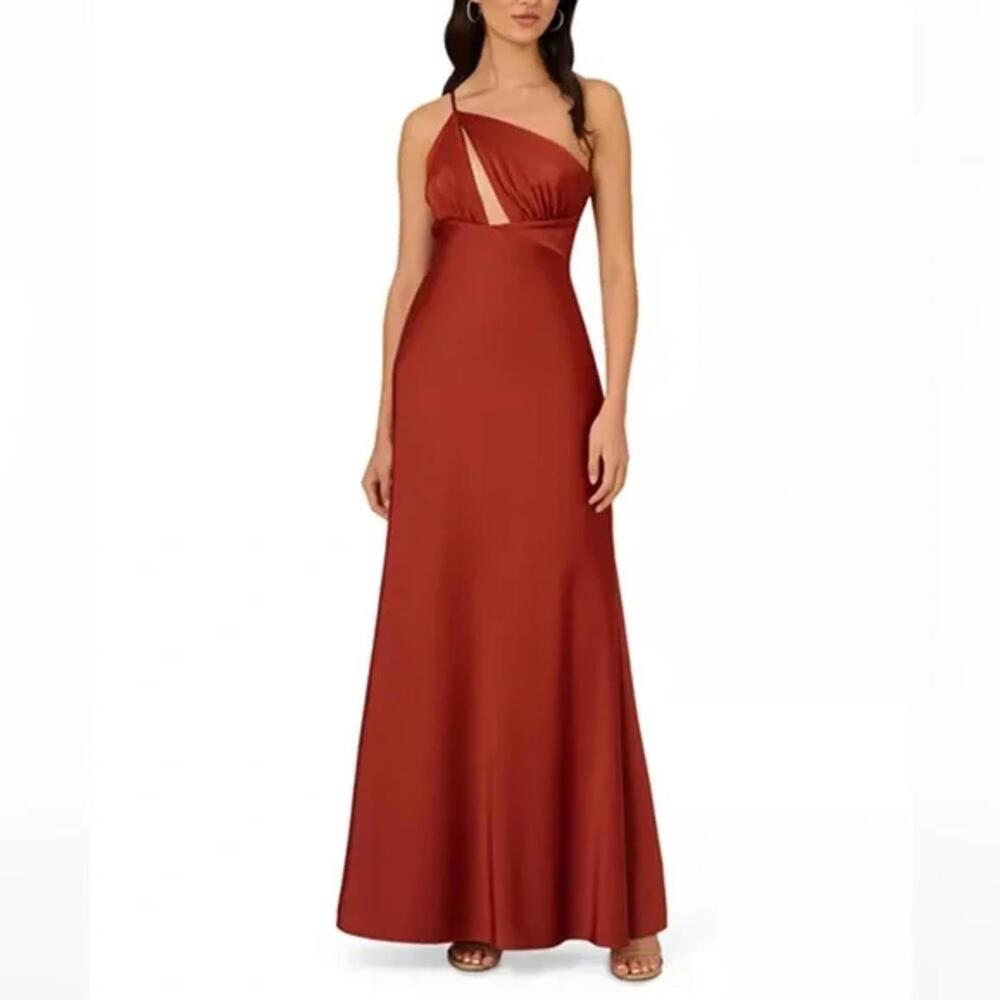 Liv Foster One Shoulder Gown Copper sz 4 Bridesmaid Satin Cinammon $450 Prom - Picture 2 of 5